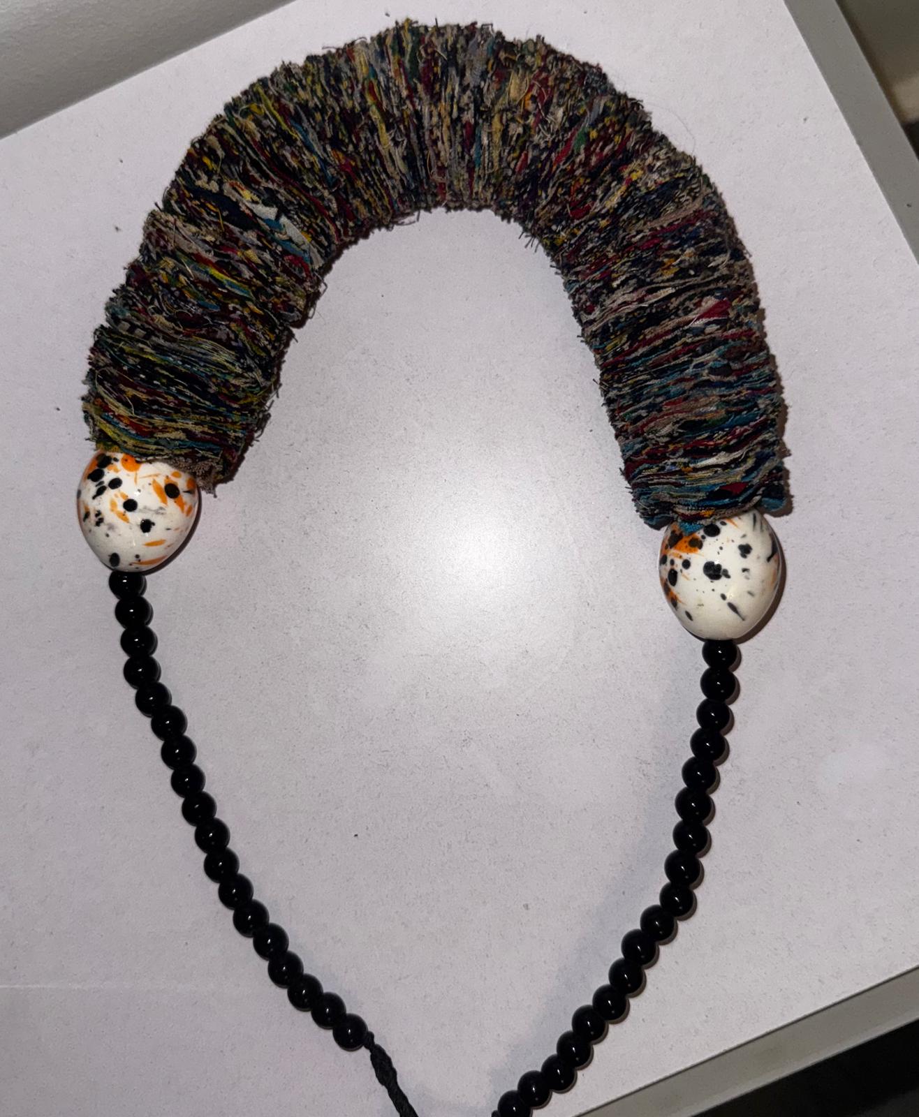 Handwoven Fabric Statement Necklace with Splatter-Painted Beads
