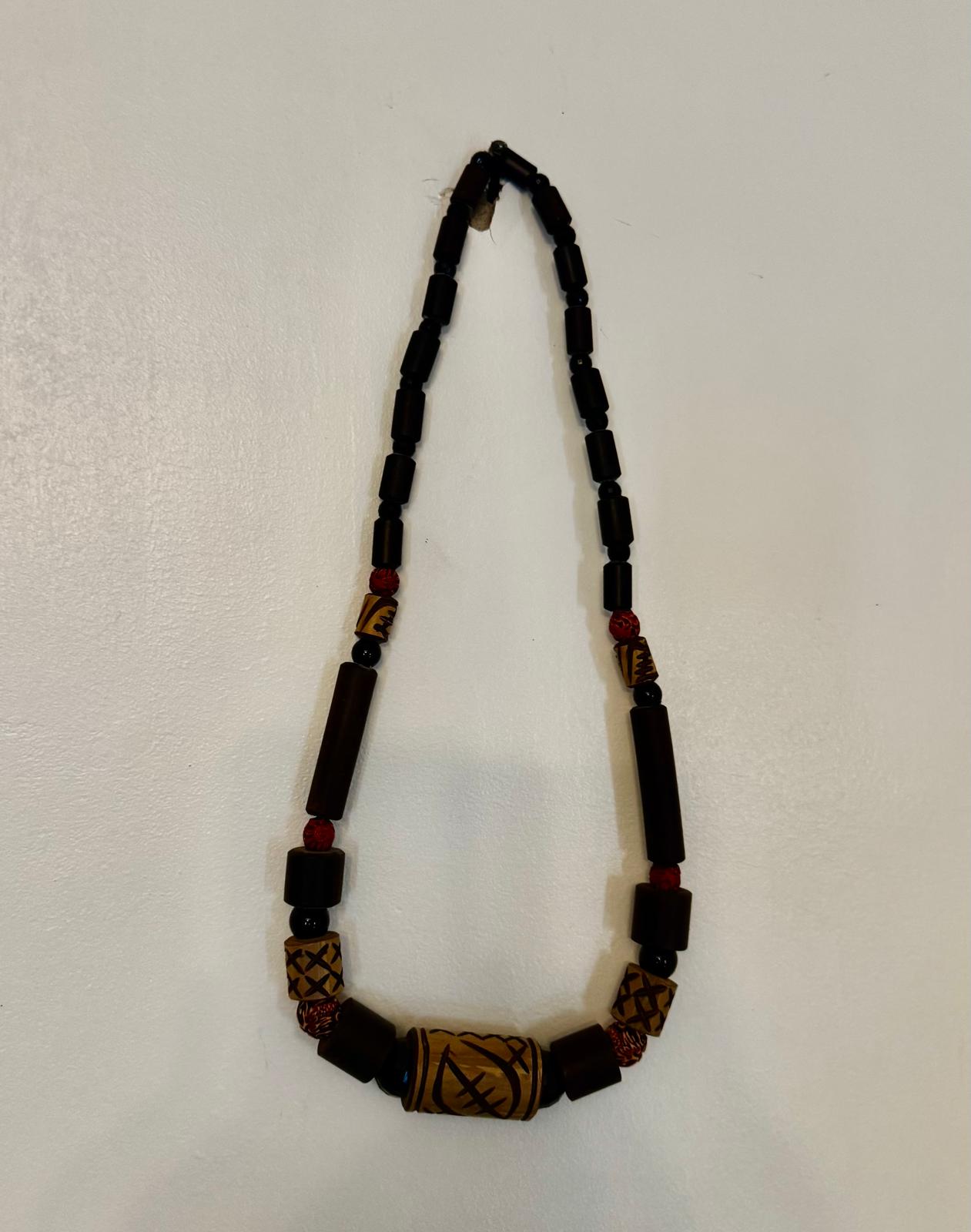 Ghanaian Bamboo and Carved Bead Necklace – Mixed Bead Strand, 1–3 cm Beads