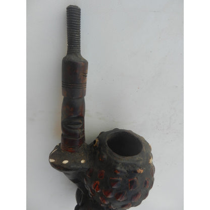 Teke Chief's Pipe - Terracotta, Cowrie Shells & Metal - Gabon African Tribal Art