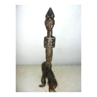 African Tribal Art Fly Whisk - Carved Wood Figure, Brass Tacks, Leather & Hair - DRC