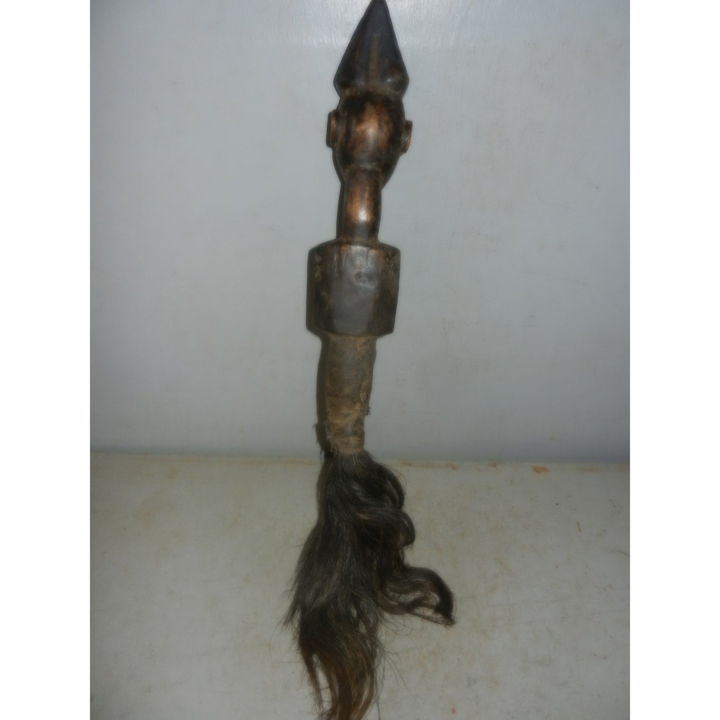 African Tribal Art Fly Whisk - Carved Wood Figure, Brass Tacks, Leather & Hair - DRC