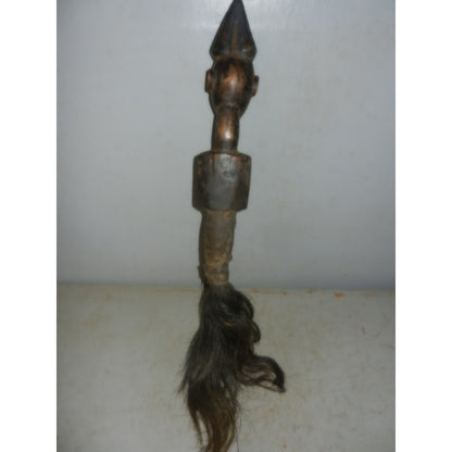 African Tribal Art Fly Whisk - Carved Wood Figure, Brass Tacks, Leather & Hair - DRC