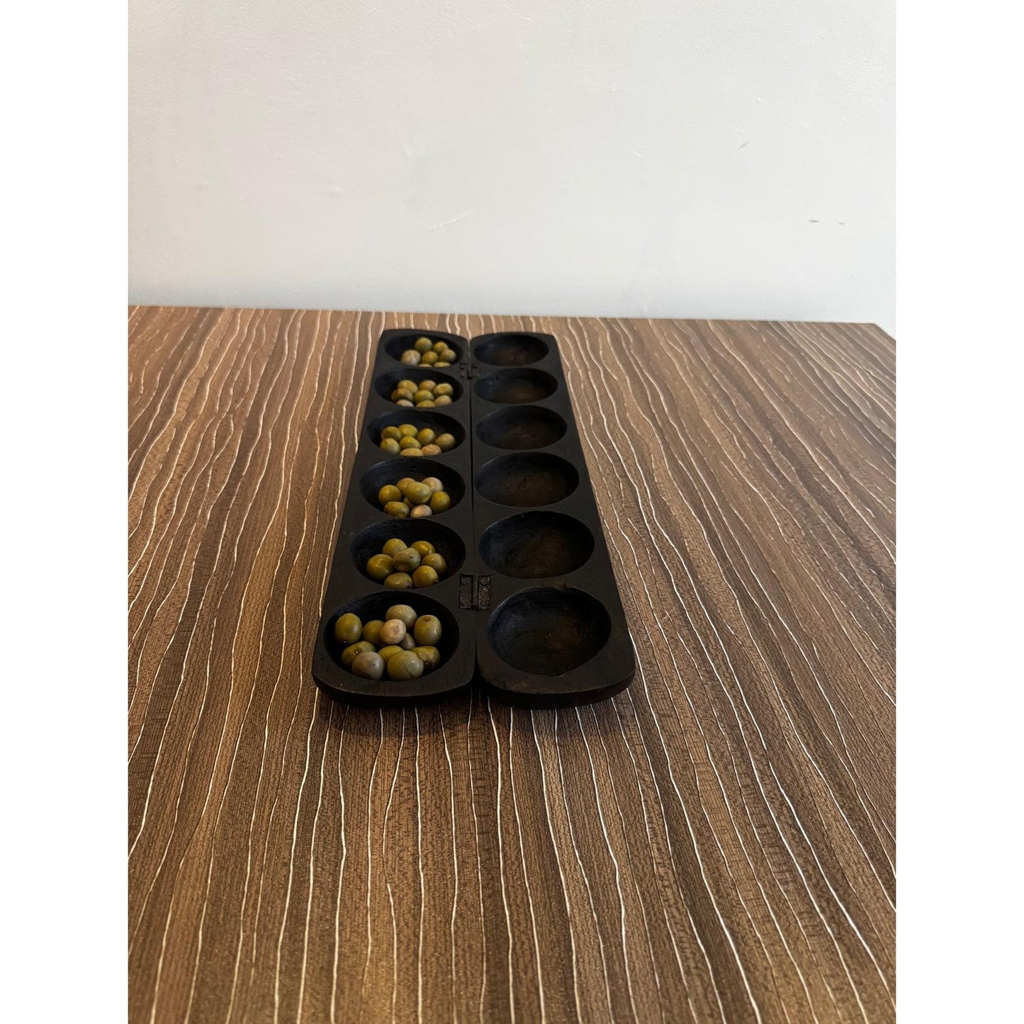 Carved Awalé (Mancala) Game Board – West African, Incised Elephant Motif, 16 X 6.2 In