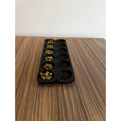 Carved Awalé (Mancala) Game Board – West African, Incised Elephant Motif, 16 X 6.2 In