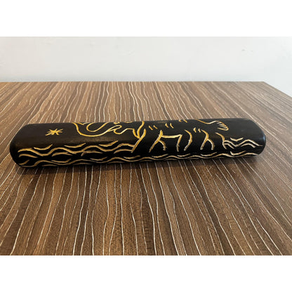 Carved Awalé (Mancala) Game Board – West African, Incised Elephant Motif, 16 X 6.2 In