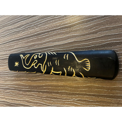 Carved Awalé (Mancala) Game Board – West African, Incised Elephant Motif, 16 X 6.2 In