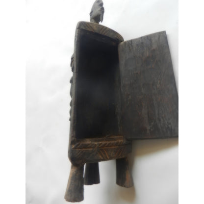 Dogon Carved Wood Treasury Chest – Mali, Hinged Lid With Ancestor Figures