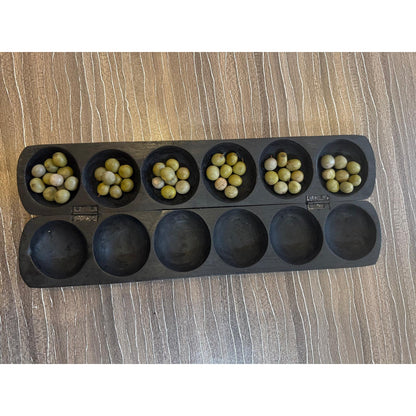 Carved Awalé (Mancala) Game Board – West African, Incised Elephant Motif, 16 X 6.2 In
