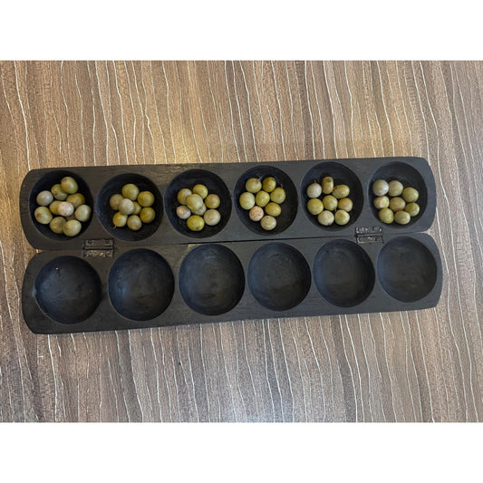 Carved Awalé (Mancala) Game Board – West African, Incised Elephant Motif, 16 X 6.2 In