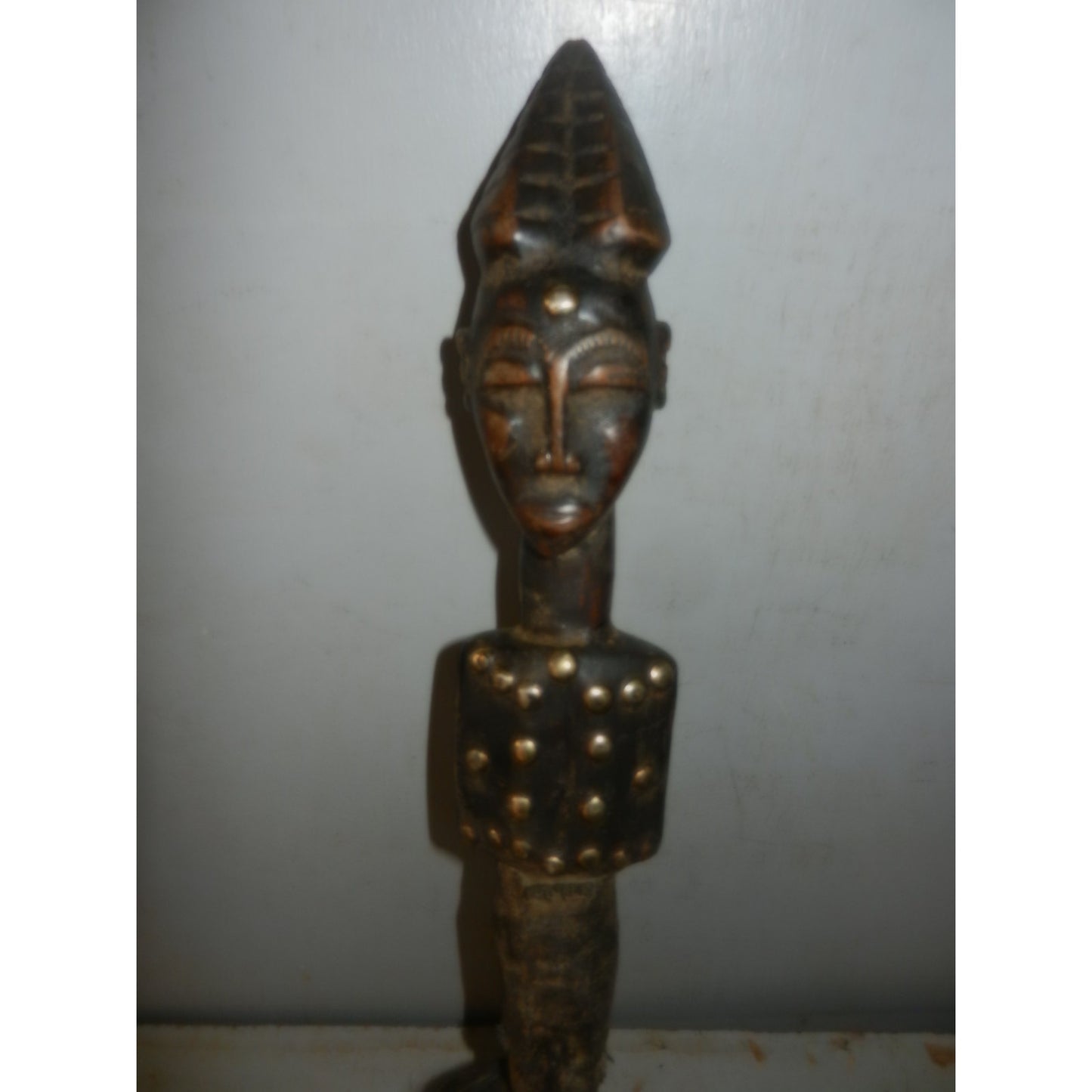 African Tribal Art Fly Whisk - Carved Wood Figure, Brass Tacks, Leather & Hair - DRC