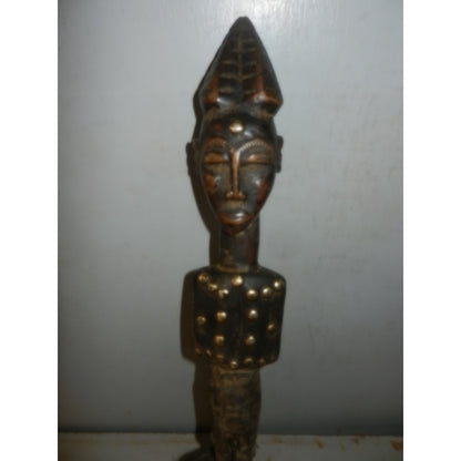 African Tribal Art Fly Whisk - Carved Wood Figure, Brass Tacks, Leather & Hair - DRC