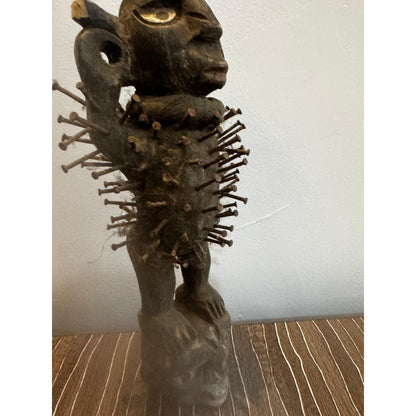 Nkisi Nkondi Nail Figure – Dr Congo Region, Carved Wood With Iron Nails