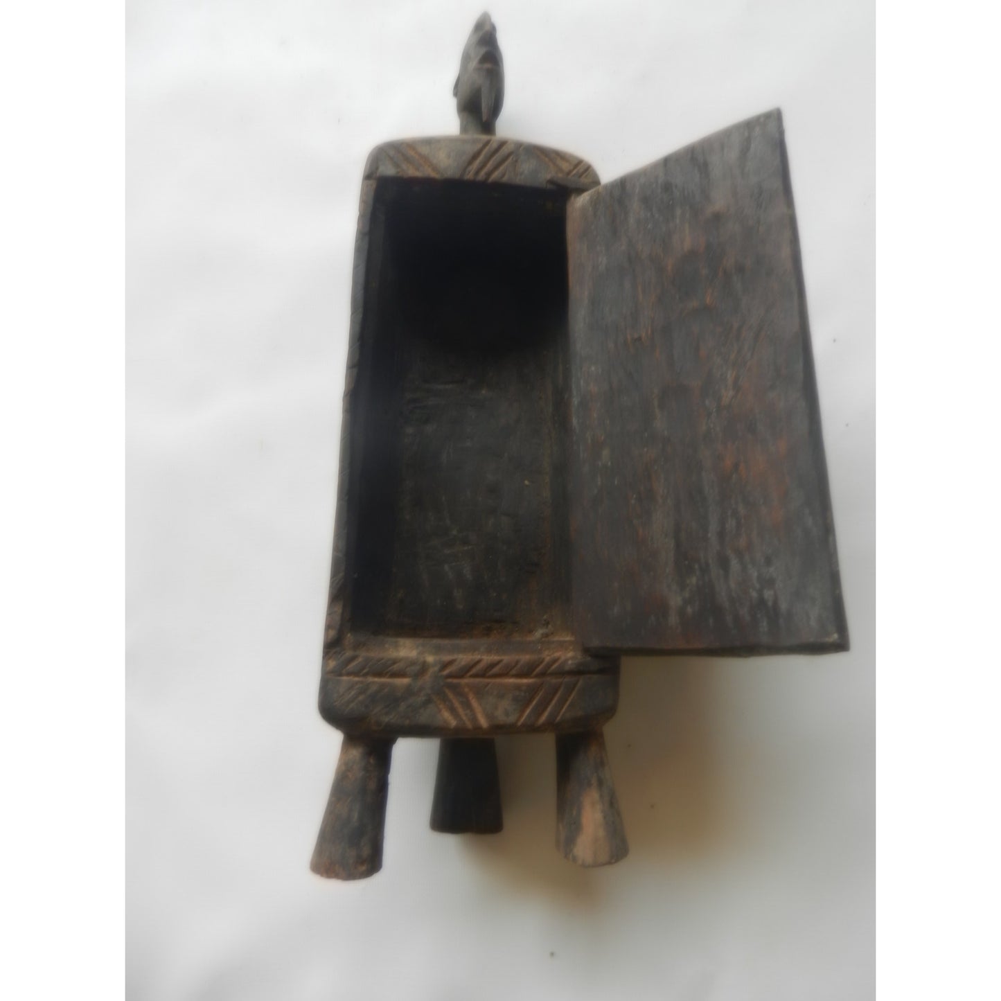 Dogon Carved Wood Treasury Chest – Mali, Hinged Lid With Ancestor Figures