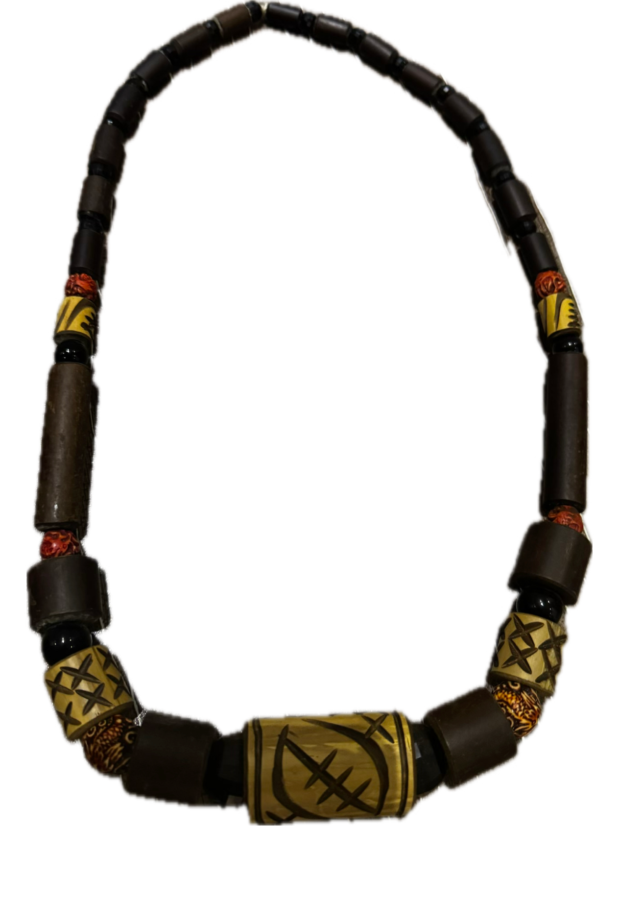 Ghanaian Bamboo and Carved Bead Necklace – Mixed Bead Strand, 1–3 cm Beads