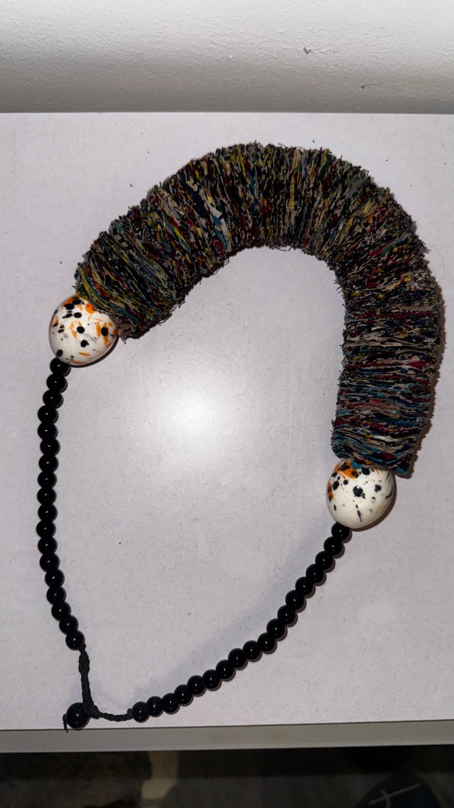 Handwoven Fabric Statement Necklace with Splatter-Painted Beads