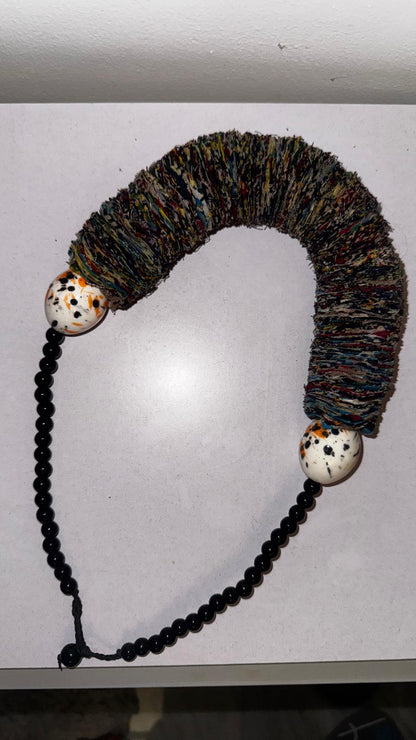 Handwoven Fabric Statement Necklace with Splatter-Painted Beads