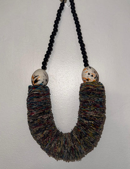 Handwoven Fabric Statement Necklace with Splatter-Painted Beads