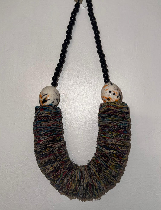 Handwoven Fabric Statement Necklace with Splatter-Painted Beads
