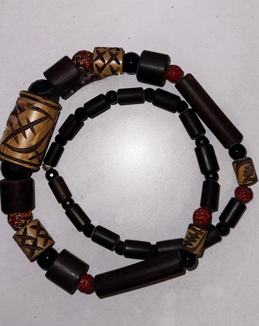 Ghanaian Bamboo and Carved Bead Necklace – Mixed Bead Strand, 1–3 cm Beads