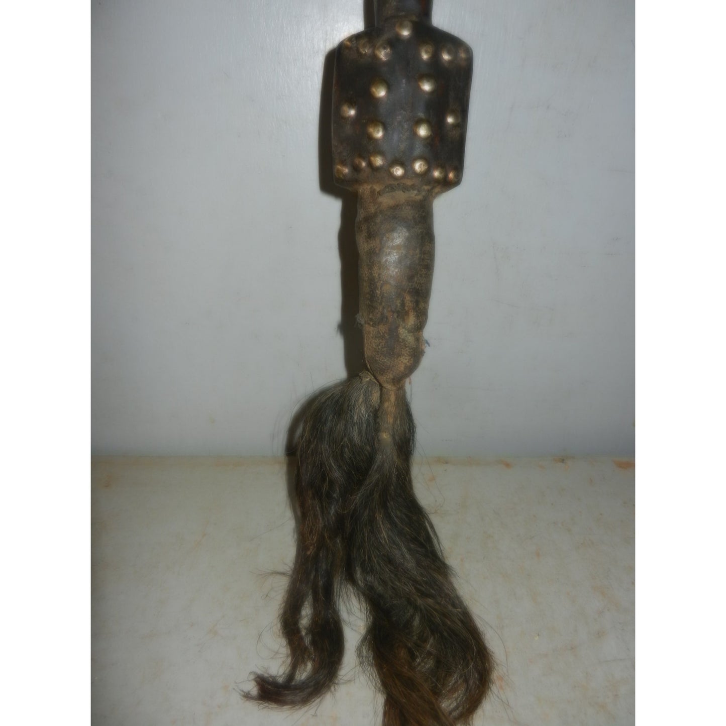African Tribal Art Fly Whisk - Carved Wood Figure, Brass Tacks, Leather & Hair - DRC